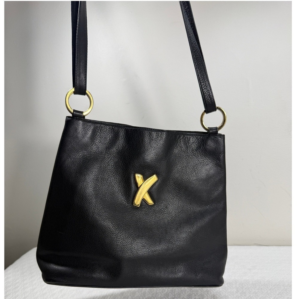 Paloma Picasso Vintage Black Leather Crossbody Shoulder Bag Gold X Logo Italy